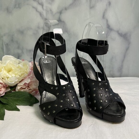 Givenchy Black Studded Leather High Heel Sandals | Size 36 | Ankle Strap + Peep - Picture 1 of 11